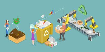 3D Isometric Flat Illustration of Garbage Management, Efficient Waste Recycling for Eco Future vector