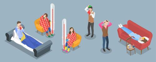 3D Isometric Flat Illustration of Diverse Unhealthy People, Charecters Suffering from Flu and Fever with Cough and Sneeze vector