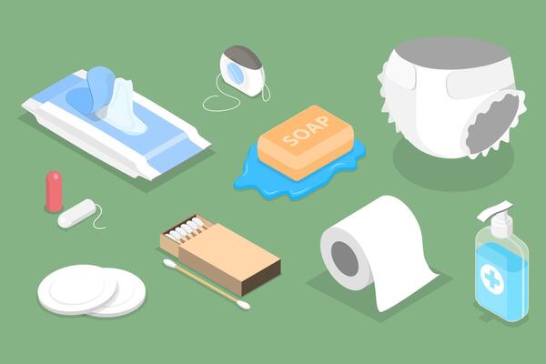 3D Isometric Flat Set of Hygiene Product, Personal Cleanliness and Body Care Supplies
