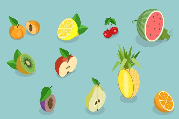 3D Isometric Flat Set of Fruits, Tasty and Healthy Nutrition