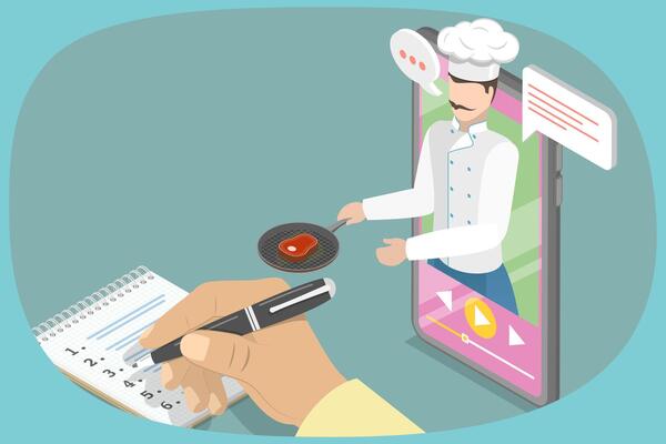3D Isometric Flat Illustration of Recipe Book App, Online Cooking Instructions from Chef