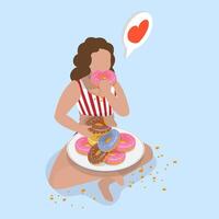 3D Isometric Flat Illustration of Obsessive Eating, Unabling to Control Consumption and Suffering Consequences vector
