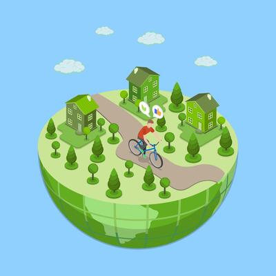 3D Isometric Flat Illustration of Earth Ecology, Sustainable Life Style Awareness
