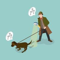 3D Isometric Flat Illustration of Detective With Dog, A Police Inspector with Magnifying Glass Following a Trail vector