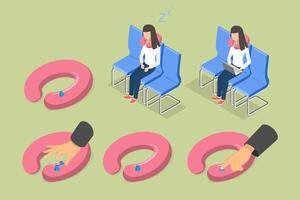 3D Isometric Flat Illustration of Neck Pillow Instruction, Using Neck Pillow to Achieve Maximum Comfort During Travel vector