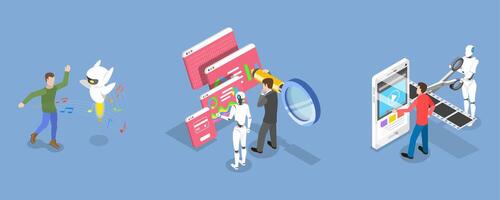 3D Isometric Flat Illustration of Artificial Intelligence Assistant, Technologies for Enhanced Efficiency and Innovation vector