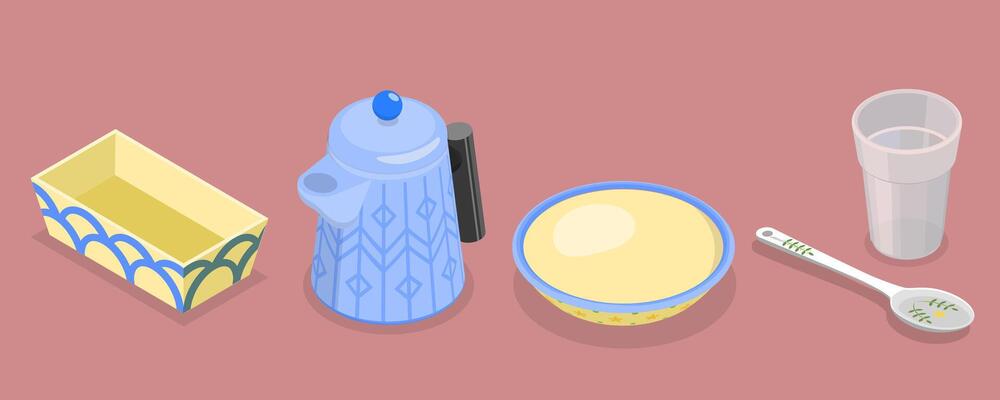 3D Isometric Flat Set of Kitchen Utensils In Retro Style, Decorative Plate or Dish