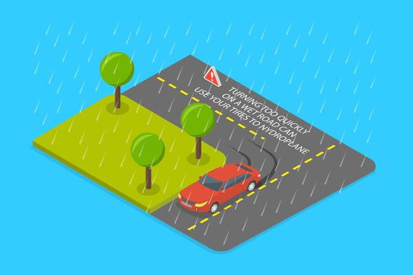 3D Isometric Flat Illustration of Rainy And Slippery Road, Tips and Rules for Safe Car Driving