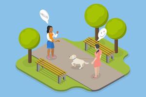 3D Isometric Flat Illustration of Friend Walking With Pets, Smiling and Waving Each Other vector