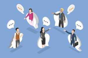 3D Isometric Flat Illustration of Business Discussion, Coworkers Engaging in Dialog and Group Discussion vector