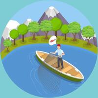 3D Isometric Flat Illustration of Net Fishing, Fisherman Pulls Net Out of Water vector