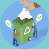3D Isometric Flat Illustration of Caring For Nature, Hand Tosses Tissue Paper into Trash Can vector