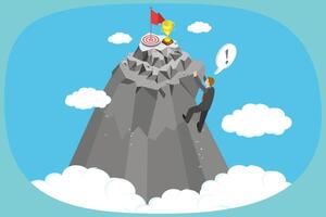 3D Isometric Flat Illustration of Overcoming Obstacles, Climbing towards Mountain Peak vector