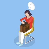 3D Isometric Flat Illustration of Missing Something In Bag, Woman Rummaging Through her Handbag in Confusion vector