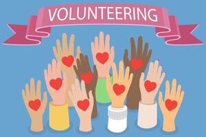 3D Isometric Flat Illustration of Volunteering, Gesture of Raised Hands with Red Heart Symbol vector