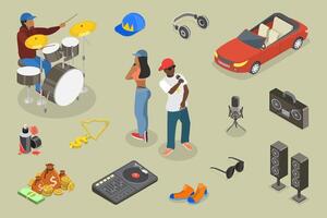 3D Isometric Flat Illustration of Rap Music And Hip-hop Style, Graphic Elements Set vector