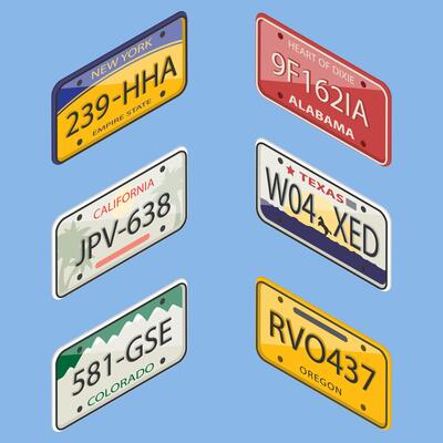 3D Isometric Flat Set of License Plates, Collection from Various US States