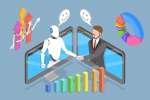 3D Isometric Flat Illustration of Partnership With AI, Artificial Intelligence Robot and Businessman Shaking Hands vector