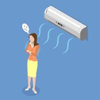 3D Isometric Flat Illustration of Air Conditioner, A Character Shivering in Cool Air Conditioning vector