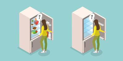 3D Isometric Flat Illustration of Full And Empty Refrigerator, Kitchen Furniture and Elements vector