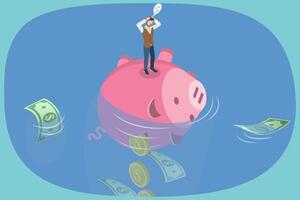 3D Isometric Flat Illustration of Sunk Cost Fallacy, Evaluating Business Resource Investments vector