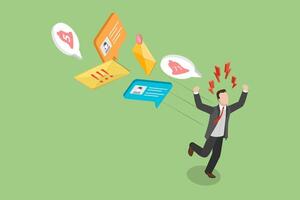 3D Isometric Flat Illustration of Annoy Notifications, Businessman Avoiding Pop-Ups, Emails, and Ringing Bells vector