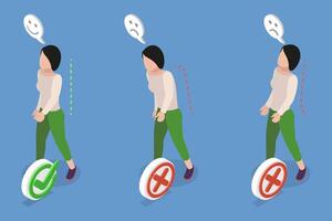 3D Isometric Flat Illustration of Walking Position, Proper Posture for Walking to Reduce Strain vector