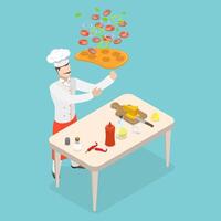 3D Isometric Flat Illustration of Pizza Making, Pizzaiolo Throwing Dough vector