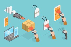 3D Isometric Flat Illustration of Smartphone Barcode Scanning App, Check Inventories Before Shipping vector
