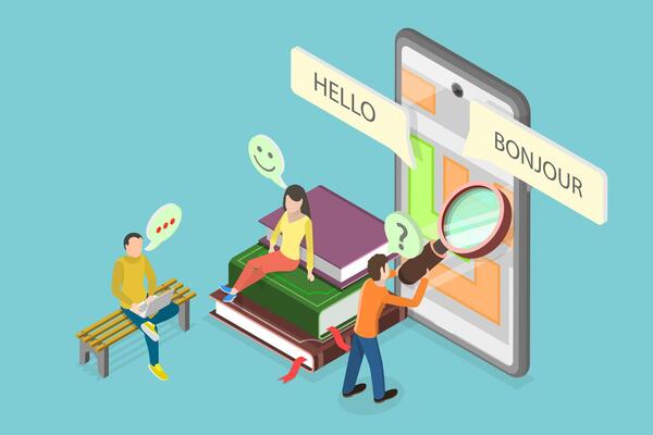 3D Isometric Flat Illustration of Translating App, Multilanguage Translator