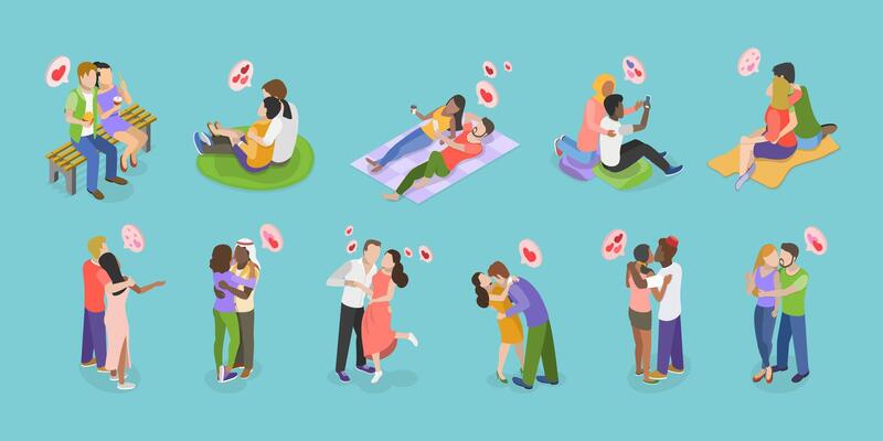 3D Isometric Flat Set of Lovers Couples, Adorable Romantic Scenes