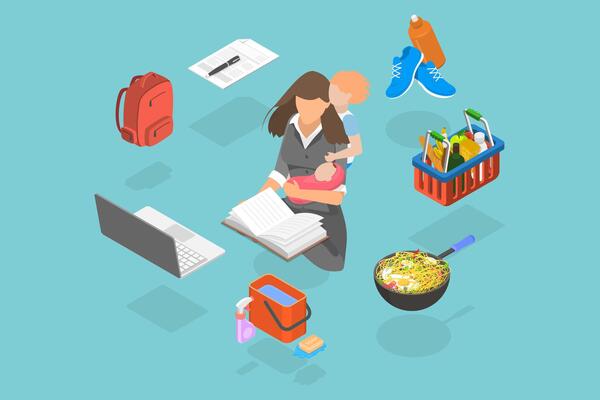 3D Isometric Flat Illustration of Super Mom, Mother with Baby, Working, Coocking, Cleaning and Make a Shopping