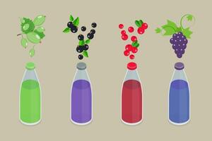 3D Isometric Flat Set of Bottles With Berry Beverage, Fresh Squeezed Juice vector