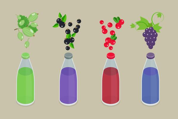 3D Isometric Flat Set of Bottles With Berry Beverage, Fresh Squeezed Juice