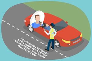 3D Isometric Flat Illustration of Roadside Drug And Alcohol Testing, Driver Blowing into a Tester vector