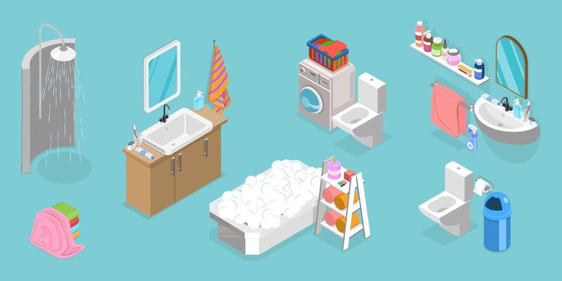 3D Isometric Flat Set of Bathroom Interior Furniture, Shower Cabin, Sink with Mirror, Toilet