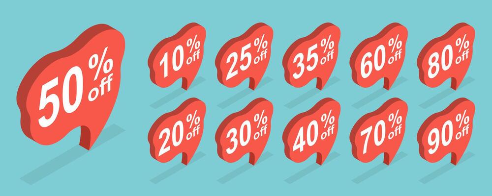 3D Isometric Flat Set of Discount Speach Bubble Tags, Sale Labels