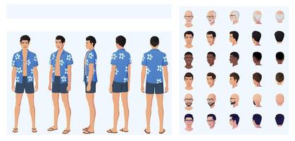 Cartoon Man Character Creation with Man Wearing Swim Shorts, trunks and Hawaii Shirt, Front, Side, and back view, featuring multiple races and Ethnicities Illustration vector