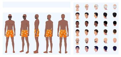 Black Man Cartoon Character Creation with Man Wearing Swim Shorts, trunks, sunglasses, Front, Side, and back view, featuring multiple races and Ethnicities Illustration vector