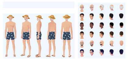 Old Man Cartoon Character Creation with Man Wearing Swim Shorts, and straw-hat, Front, Side, and back view, featuring multiple races and Ethnicities Illustration vector