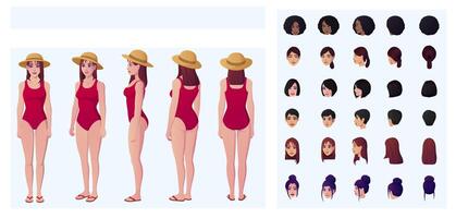 Woman Wearing Bikini, swimsuit character Creation with movable joints for animation and posing, Front, Side, and back view, multiple Races and ethnicities, Illustration vector