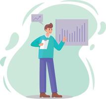 A man standing in front of a graph pointing at him analyzes sales growth data, an employee analyzes a sales growth graph, a simple and minimalistic flat illustration vector