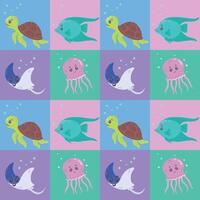 Seamless marine themed block pattern with turtles, fish, jellyfish, and stingrays. illustration consisting of blocks, mosaics, made by hand. Marine life. illustration vector
