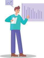A man standing in front of a graph pointing at him analyzes sales growth data, an employee analyzes a sales growth graph, a simple and minimalistic flat illustration. illustration vector