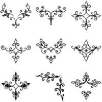 Black filigree ornamentation elements are arranged symmetrically on a white backdrop in this vector