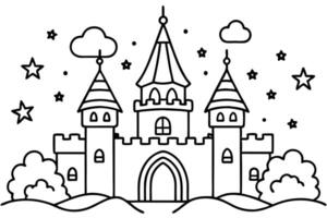 Outlined fairy tale castle surrounded by trees, clouds, and stars offers a whimsical scene vector