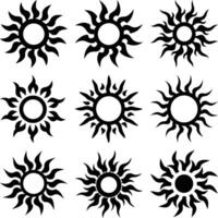 Nine black sun variations are displayed in a grid pattern against a white background vector