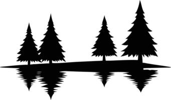 Silhouette of several coniferous trees on an island with reflections in the water vector