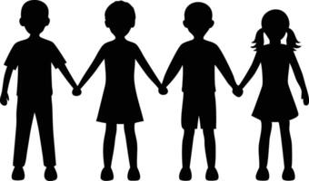 Four silhouette children are connected by holding hands in this monochrome of unity vector