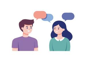 Two individuals are happily communicating, thought bubbles floating above them in a casual dialogue vector